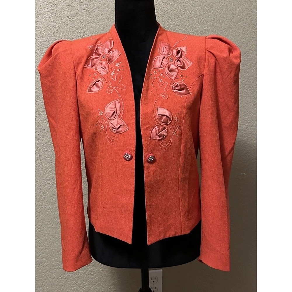 Vtg 80's Young Salon Women's M Open Jacket Embroidered‎ Bling Orange